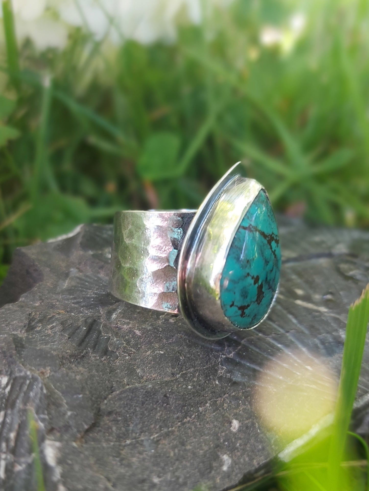 turquoise sterling silver hammered adjustable ring boho design