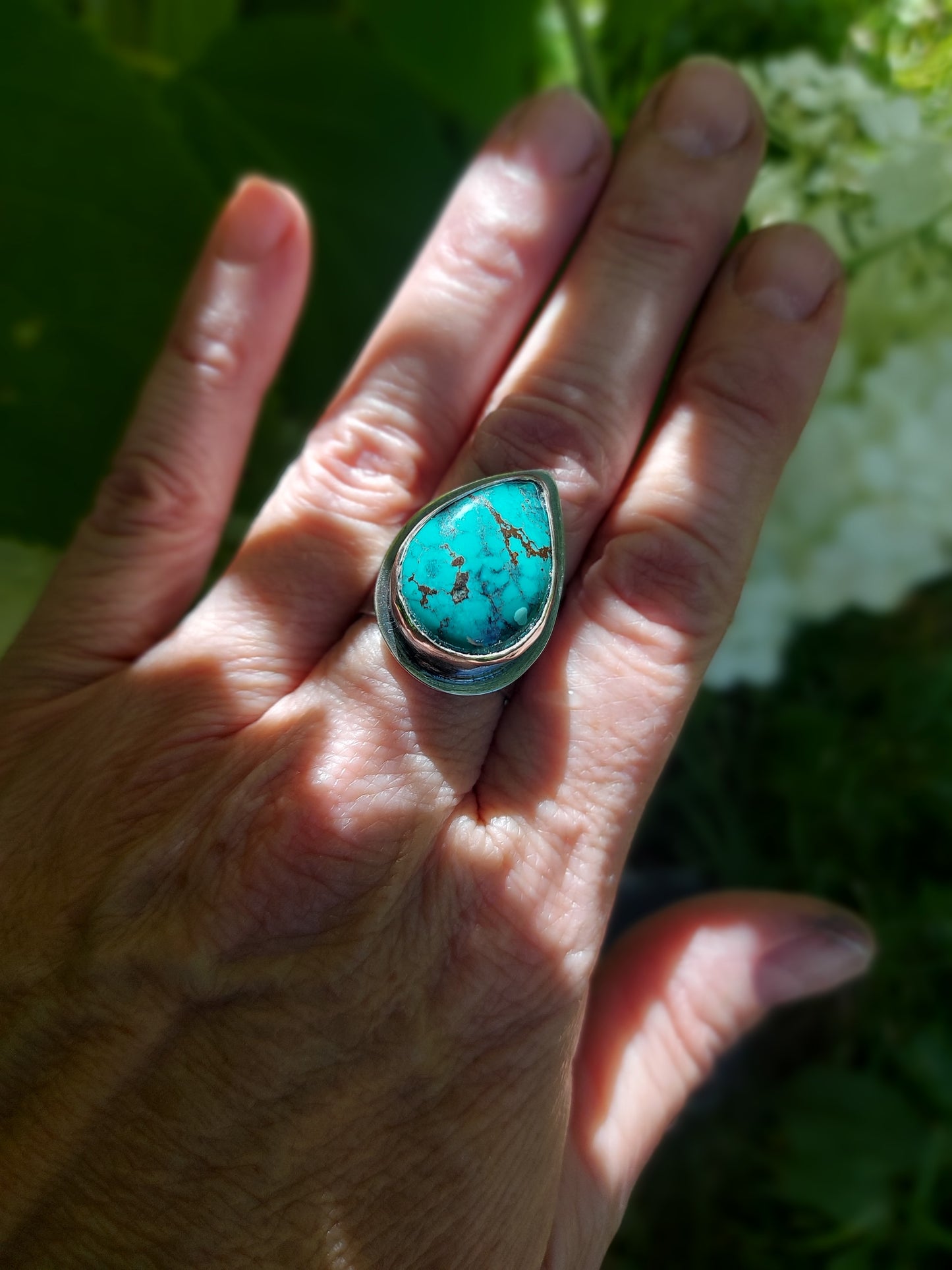 turquoise sterling silver hammered adjustable ring boho design