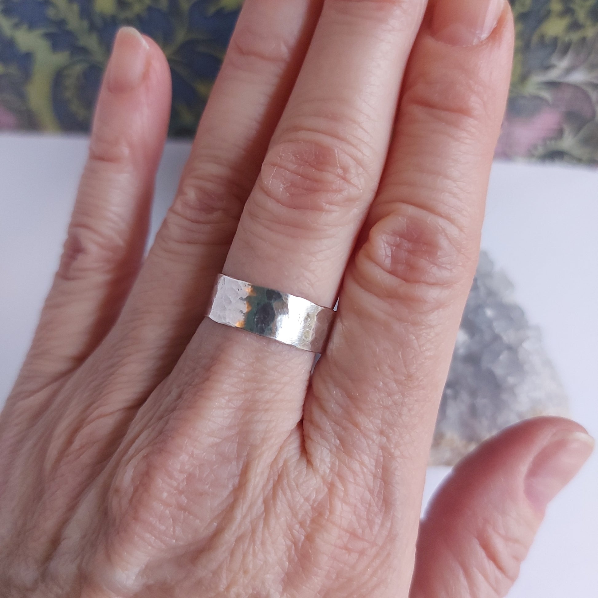 Hand hammered sterling silver ring band