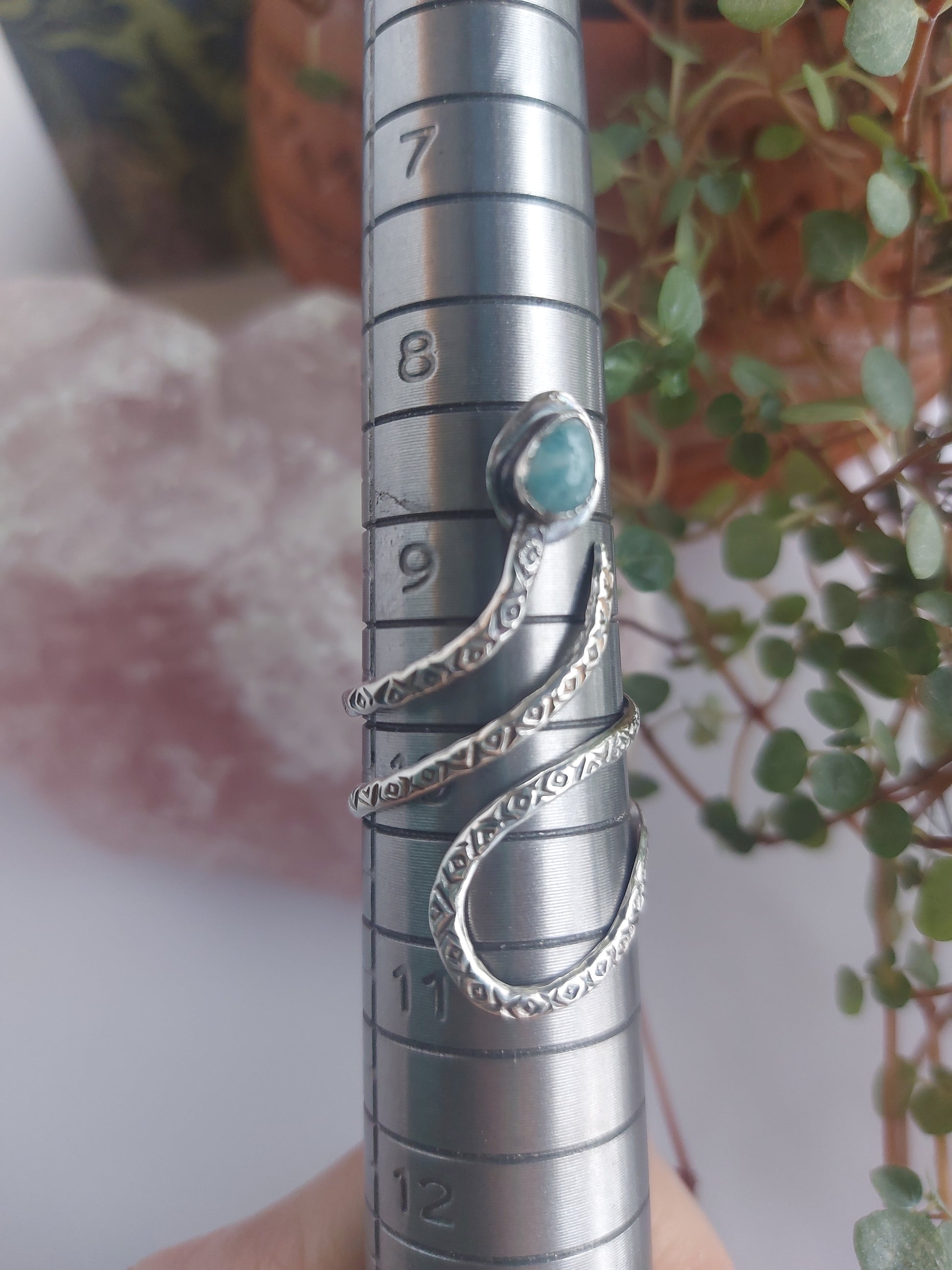 adjustable sterling silver, stamped snake ring,amazonite,labradorite ,rutile qaurtz
