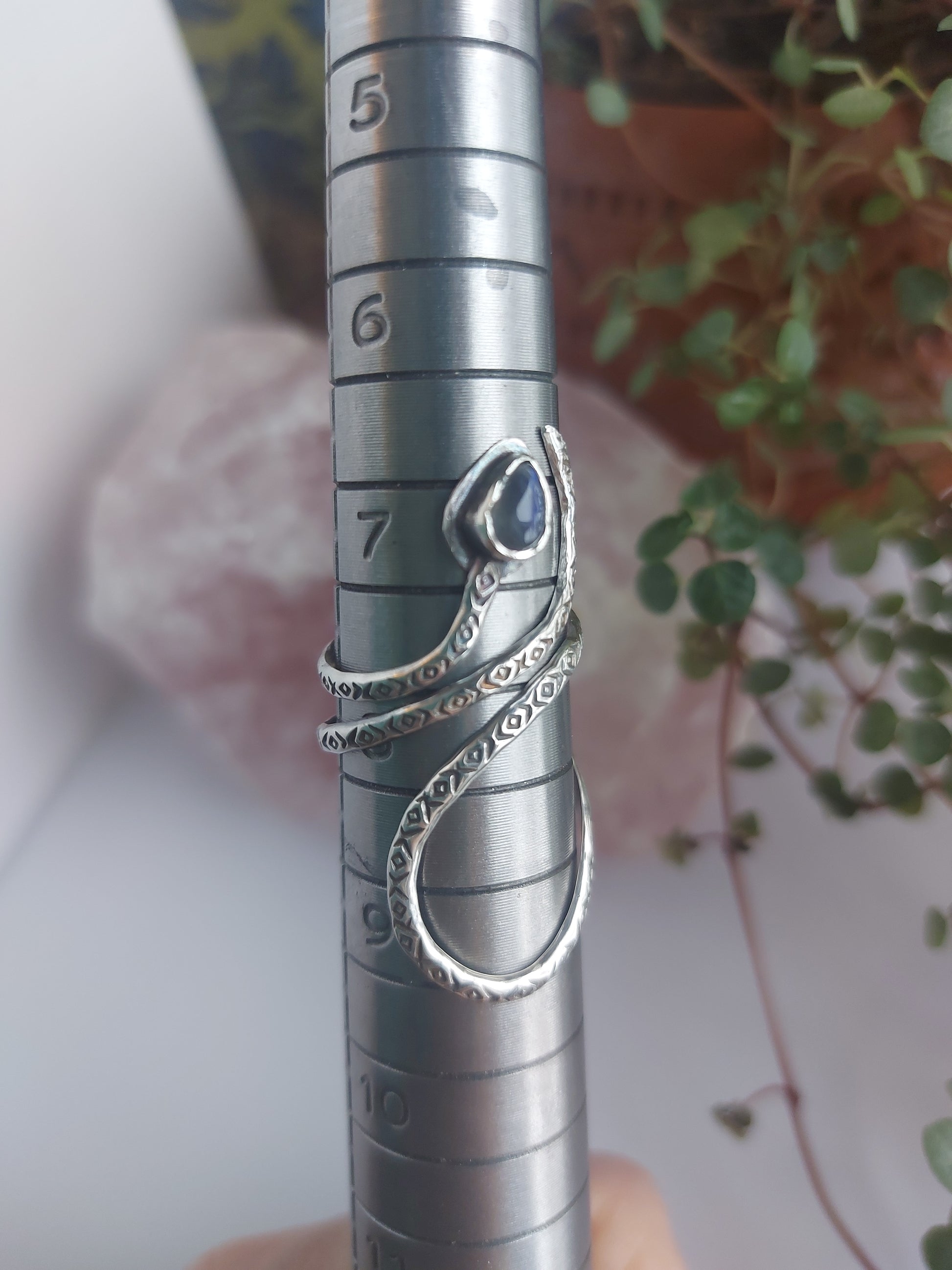 adjustable sterling silver, stamped snake ring,amazonite,labradorite ,rutile qaurtz