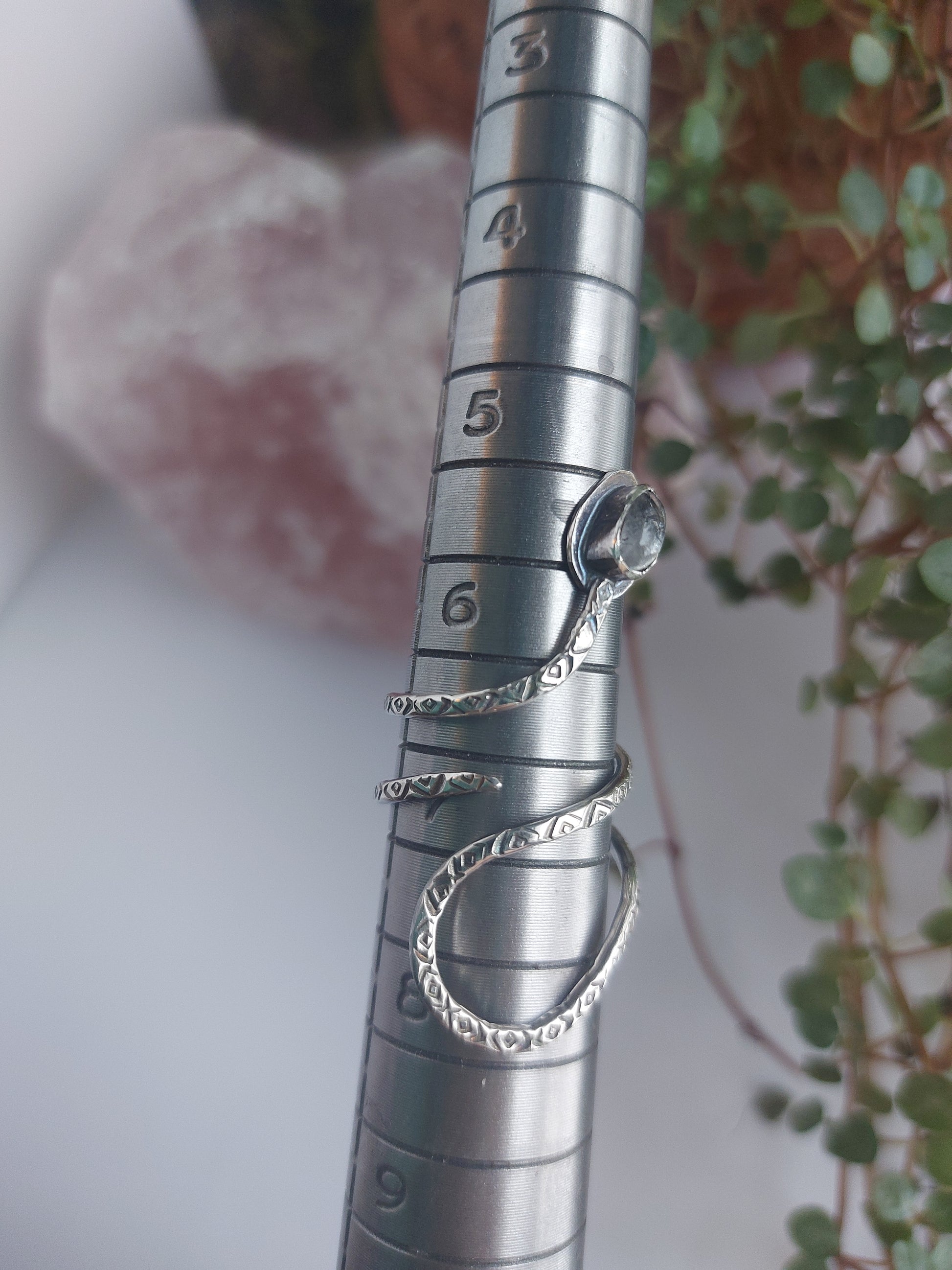adjustable sterling silver, stamped snake ring,amazonite,labradorite ,rutile qaurtz