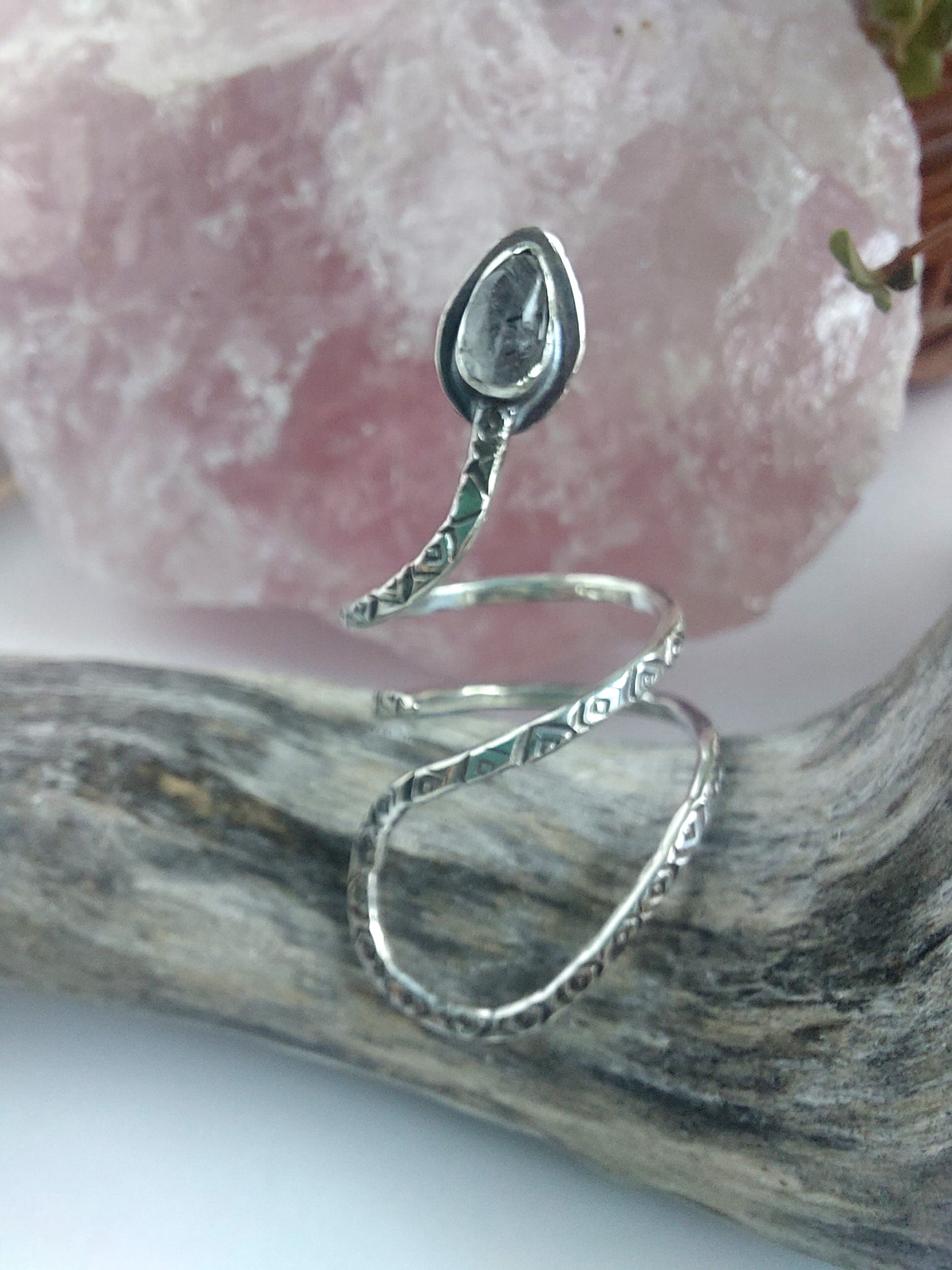 adjustable sterling silver, stamped snake ring,amazonite,labradorite ,rutile qaurtz
