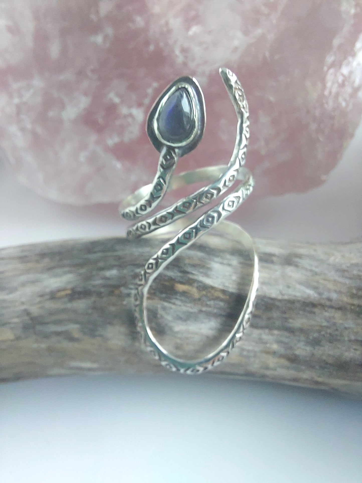 adjustable sterling silver, stamped snake ring,amazonite,labradorite ,rutile qaurtz