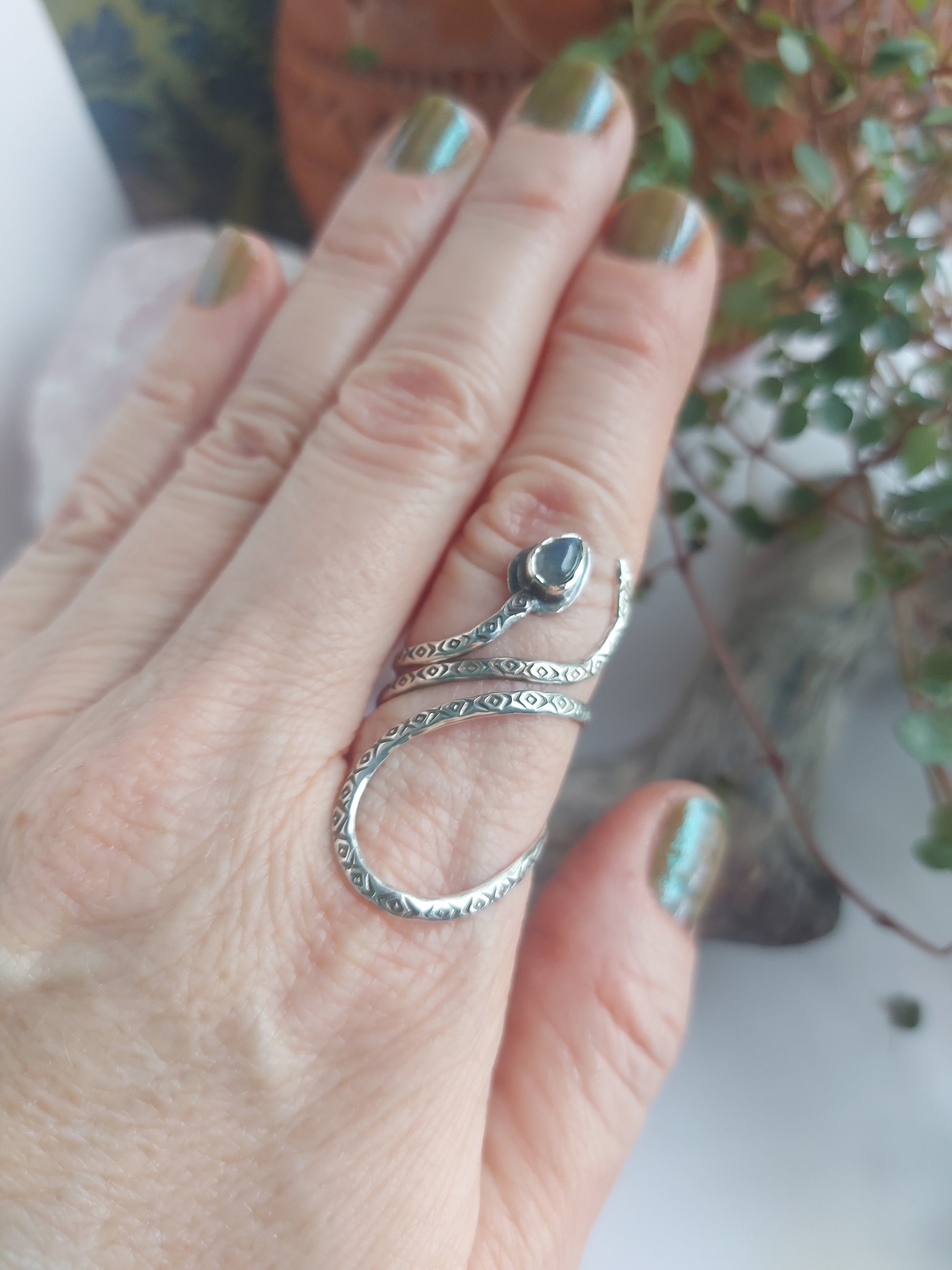 adjustable sterling silver, stamped snake ring,amazonite,labradorite ,rutile qaurtz