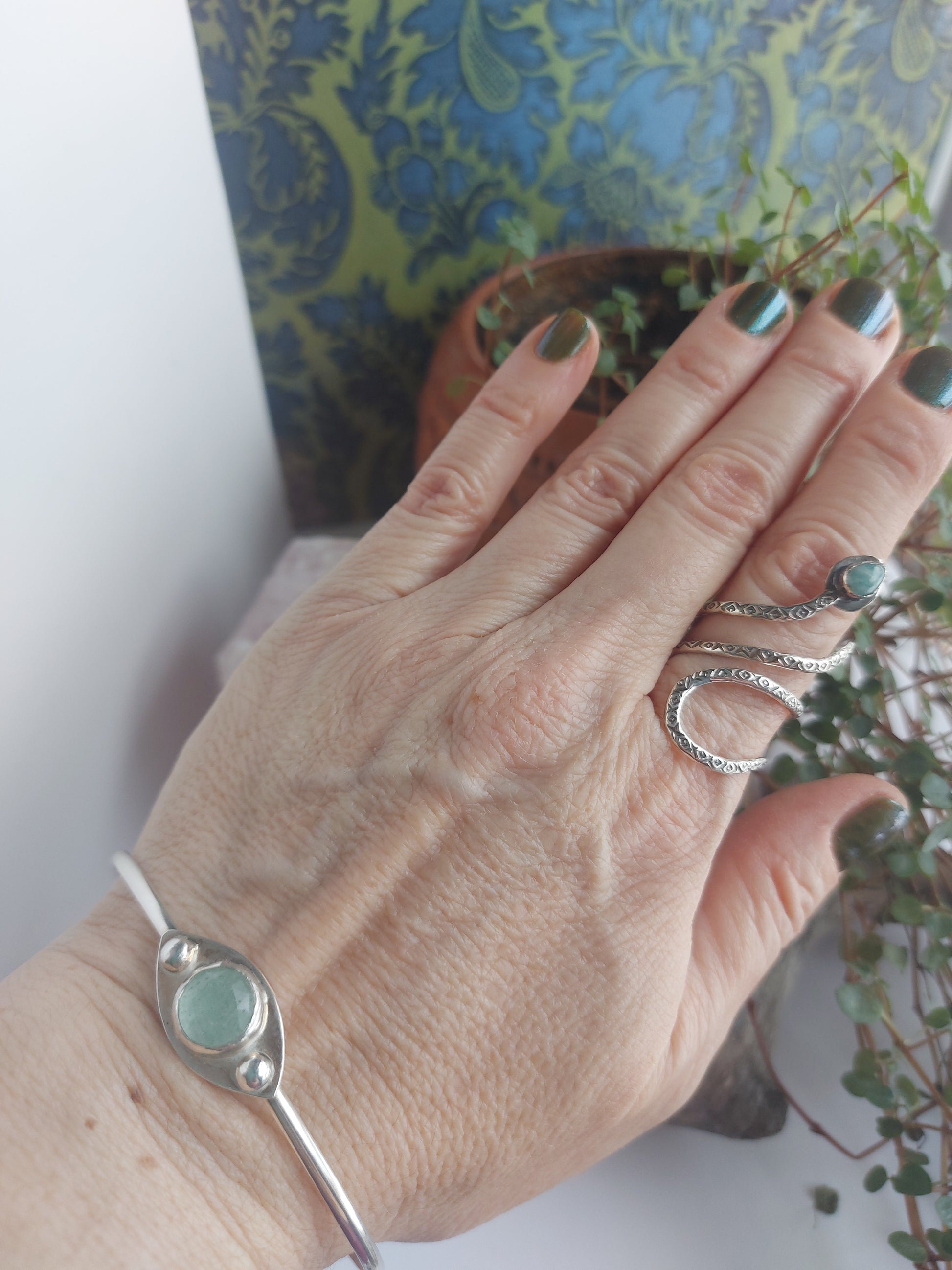 adjustable sterling silver, stamped snake ring,amazonite,labradorite ,rutile qaurtz