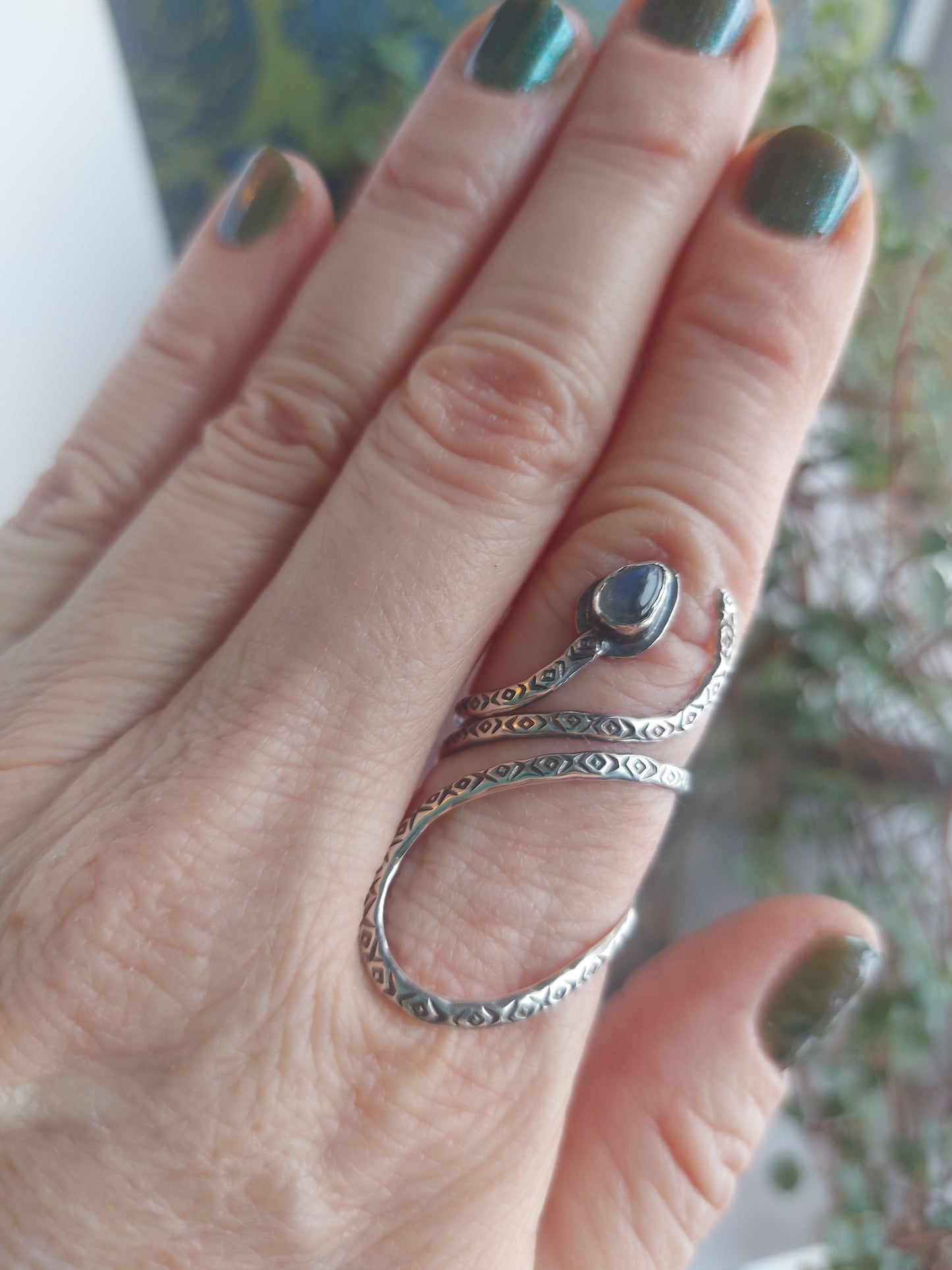 adjustable sterling silver, stamped snake ring,amazonite,labradorite ,rutile qaurtz