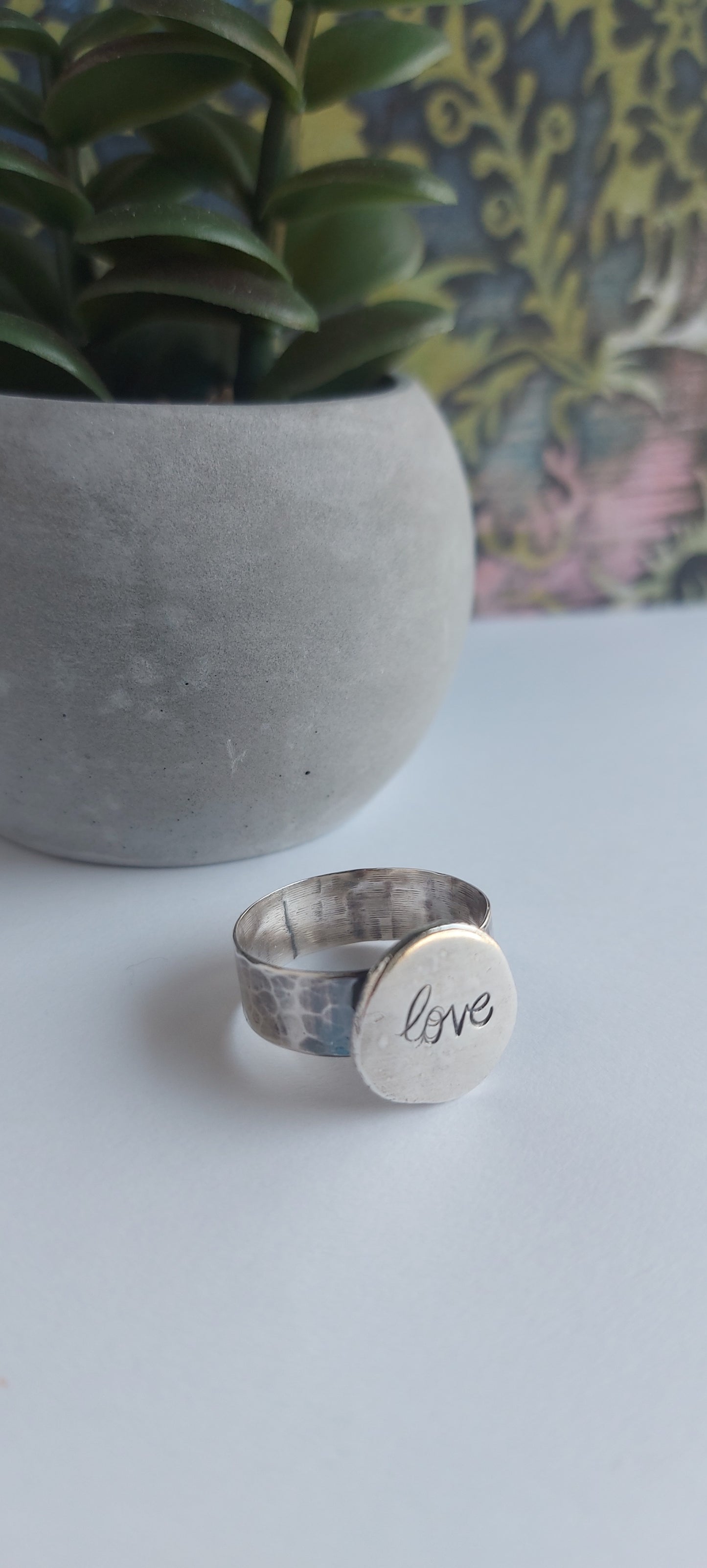 "Love" hammered silver ring