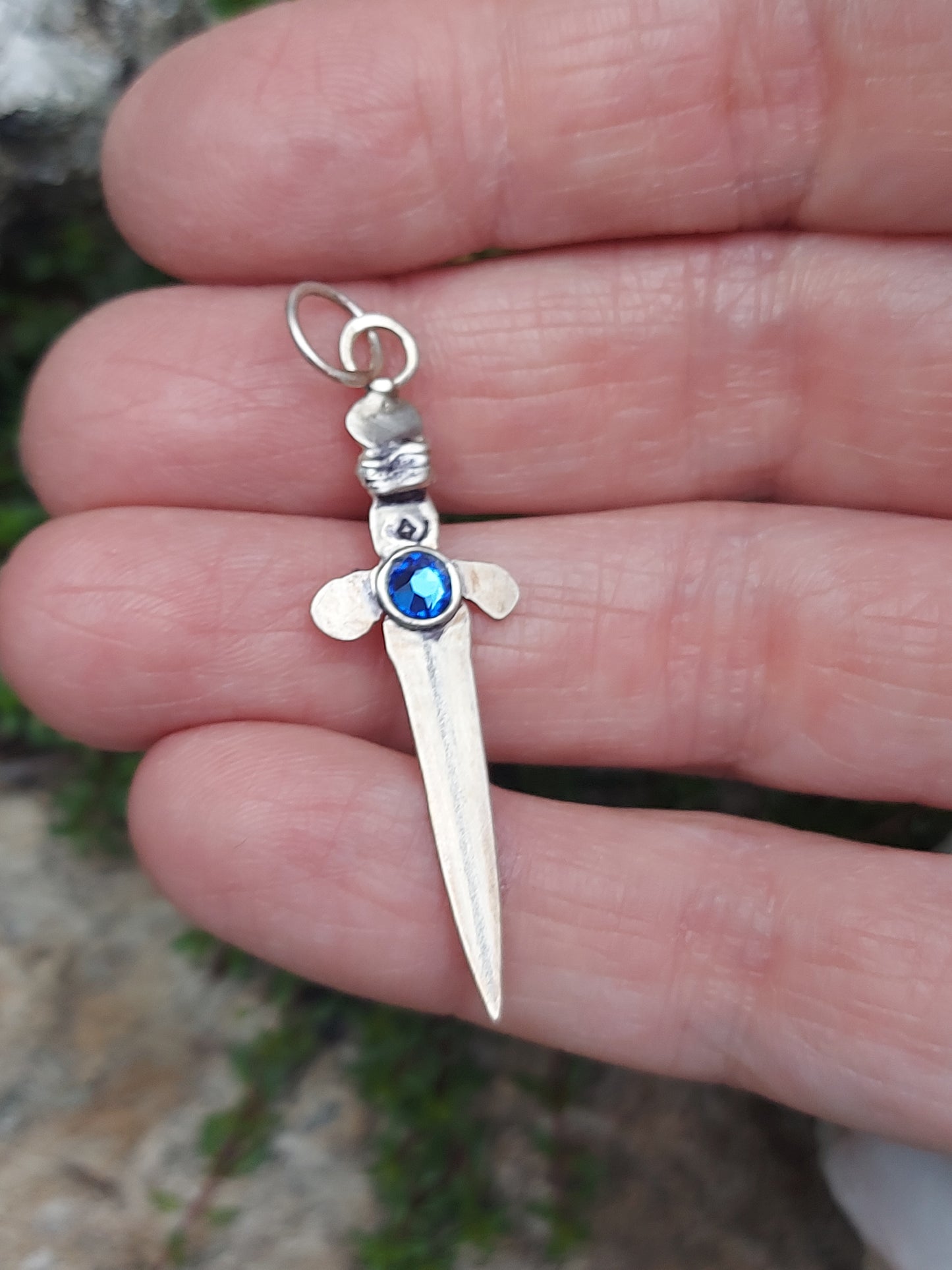 Sword pendant with blue Swarovski crystal