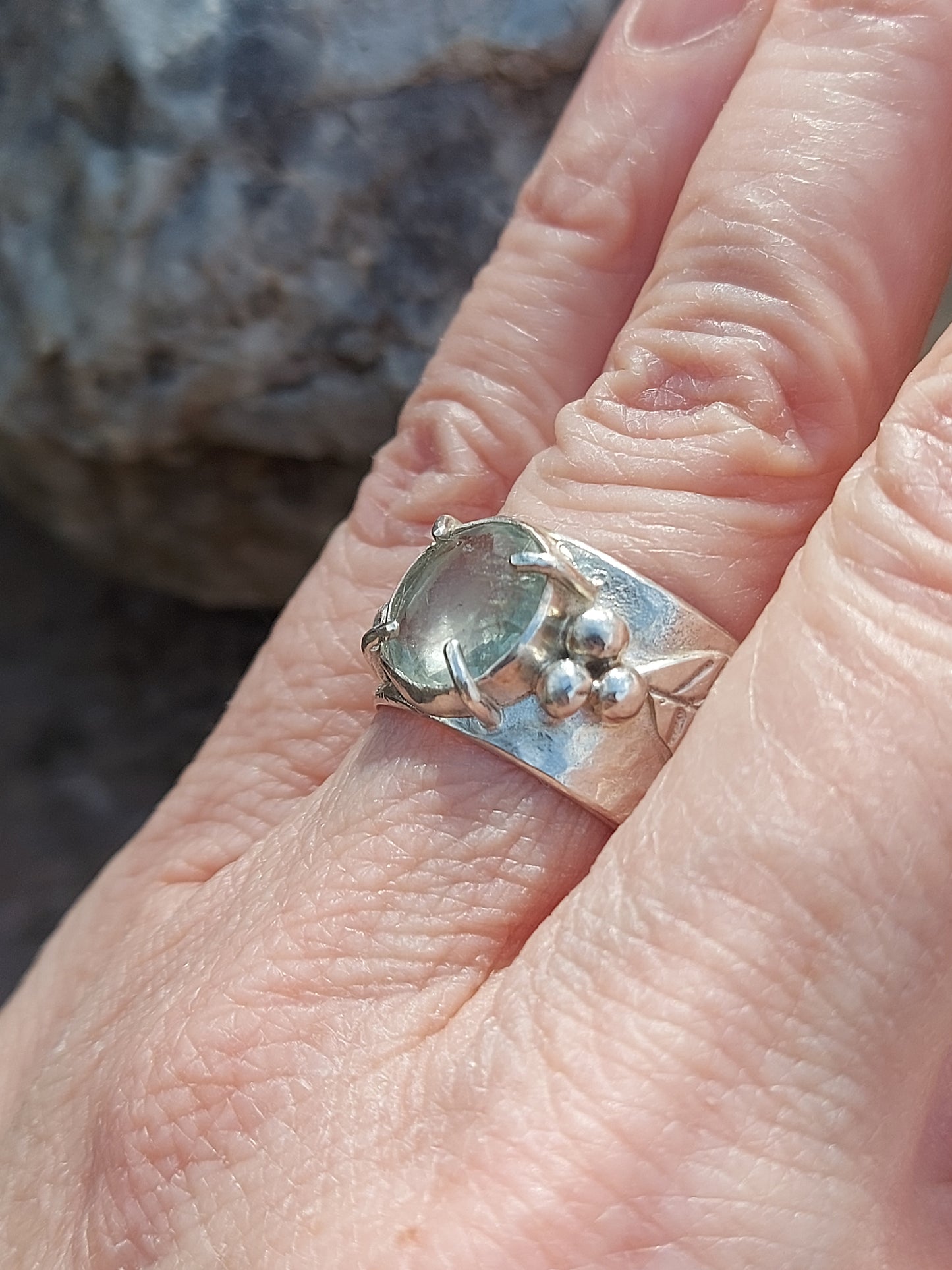 fluorite hand hammered leaf ring