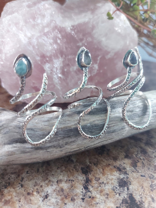 adjustable sterling silver, stamped snake ring,amazonite,labradorite ,rutile qaurtz