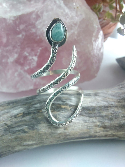 adjustable sterling silver, stamped snake ring,amazonite,labradorite ,rutile qaurtz