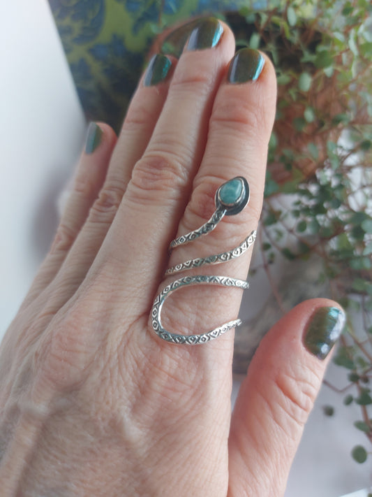 adjustable sterling silver, stamped snake ring,amazonite,labradorite ,rutile qaurtz