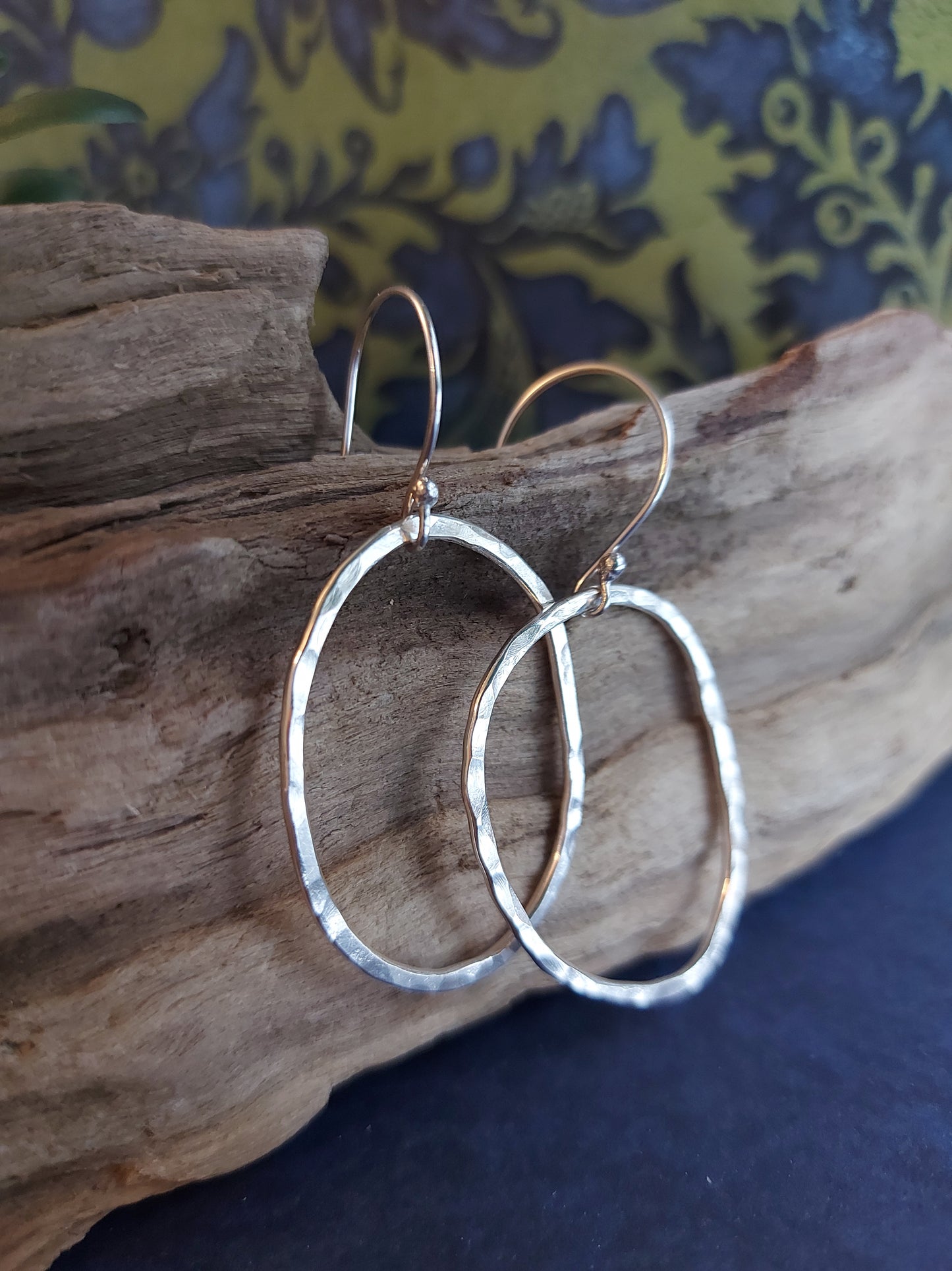 Hand hammered sterling silver dangle hoop earrings