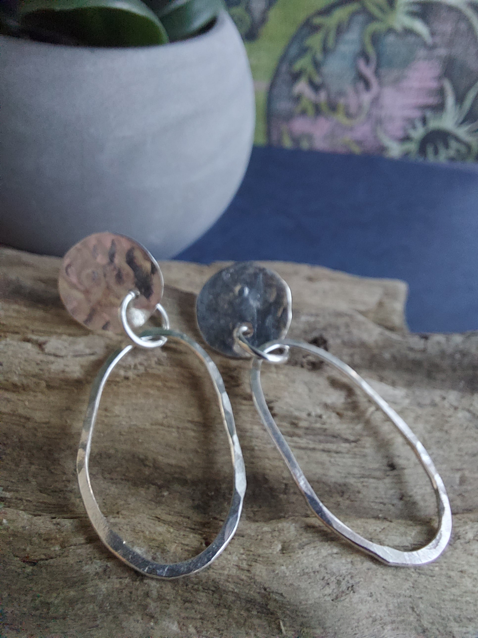 Hand hammered sterling silver studs with hoop