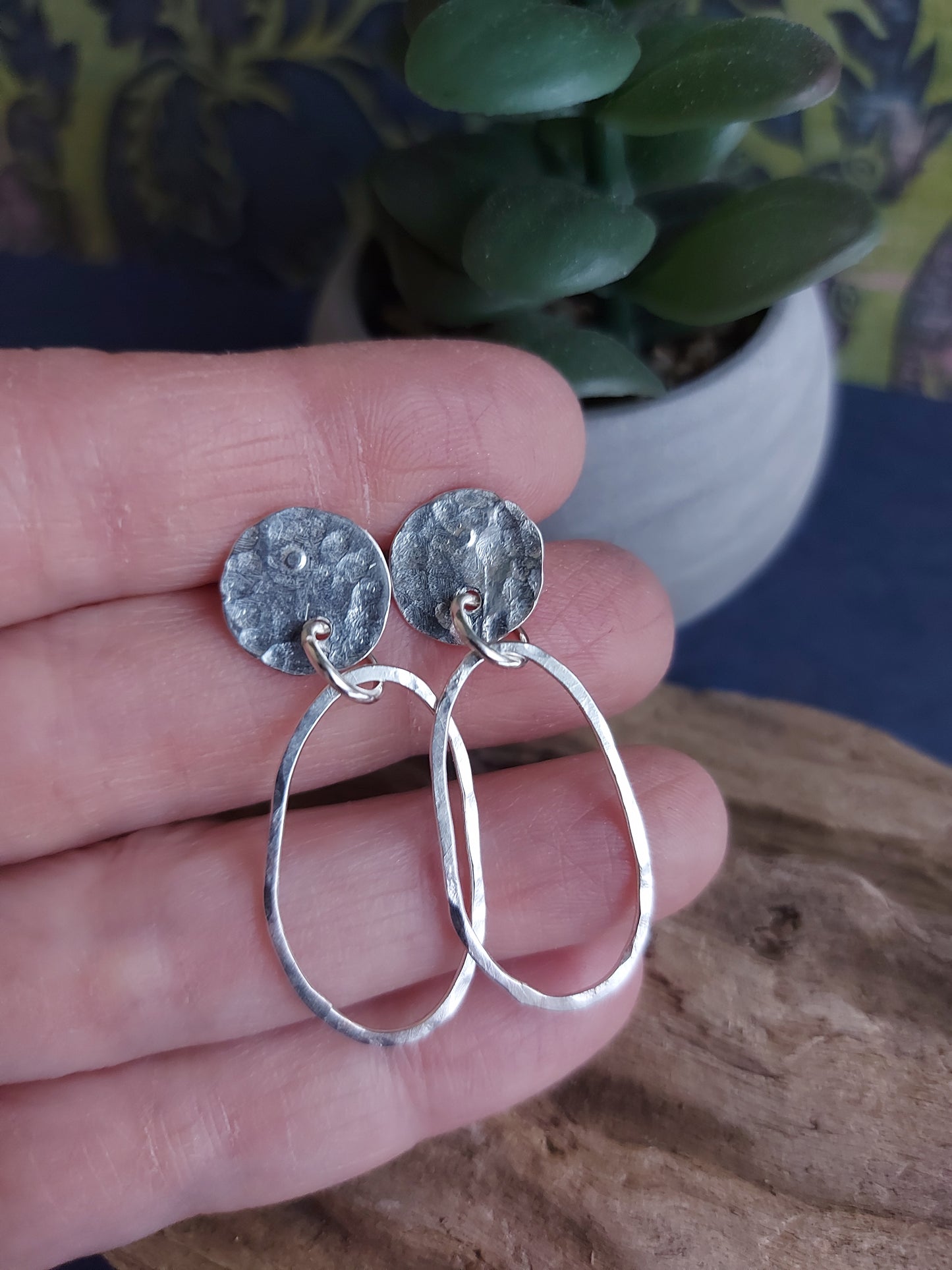 Hand hammered silver stud with hoop dangle earring