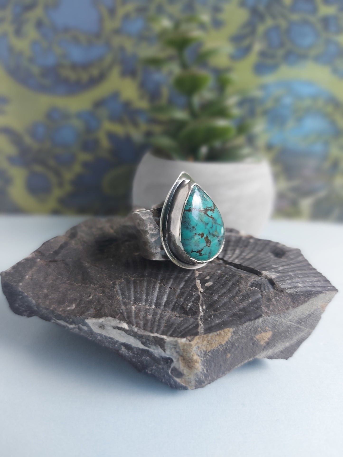 "Whispers of the Sea" Turquoise with hand hammered adjustable ring