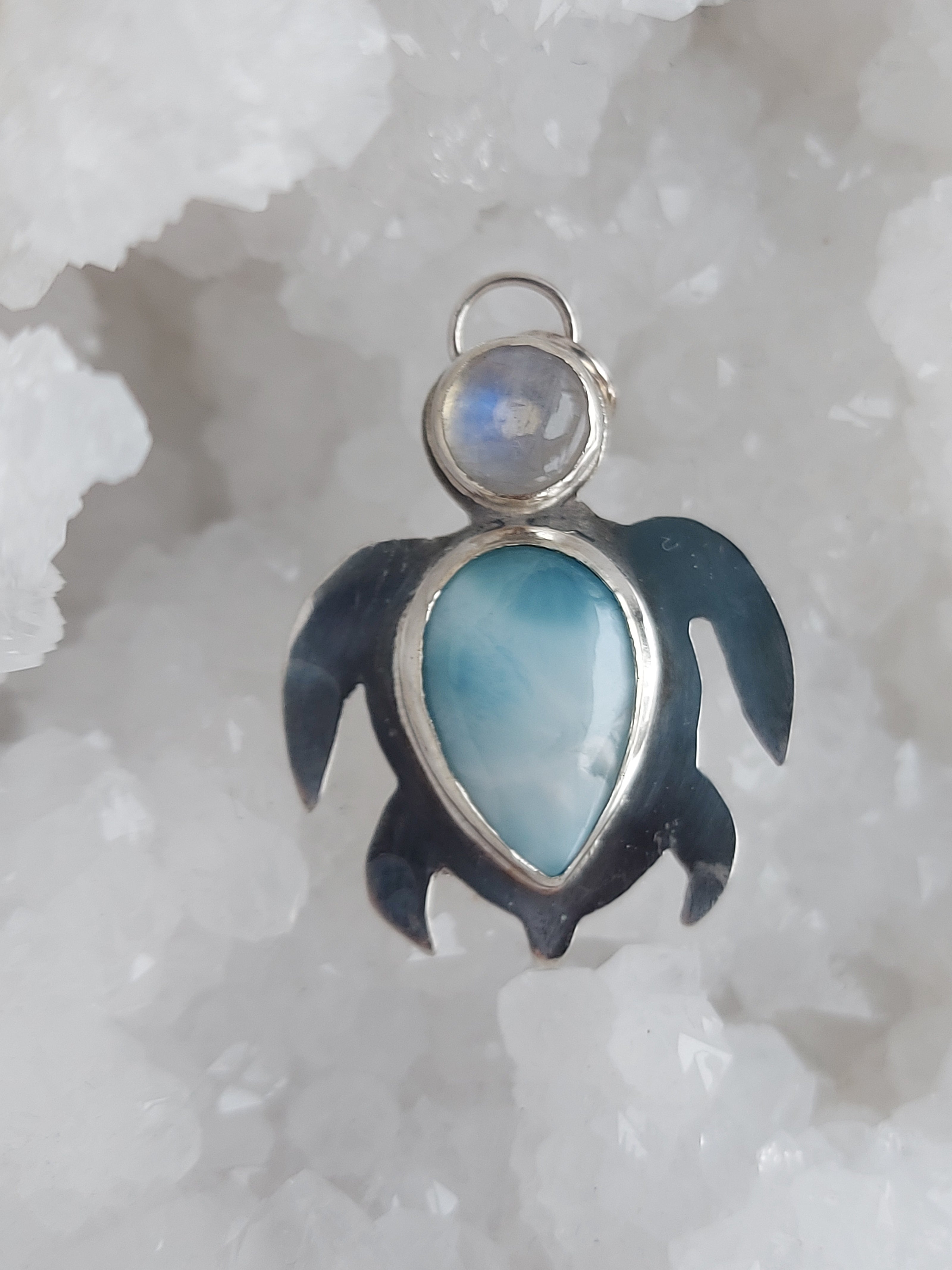 larimar moonstone sterling silver turtle spirit animal pendant
