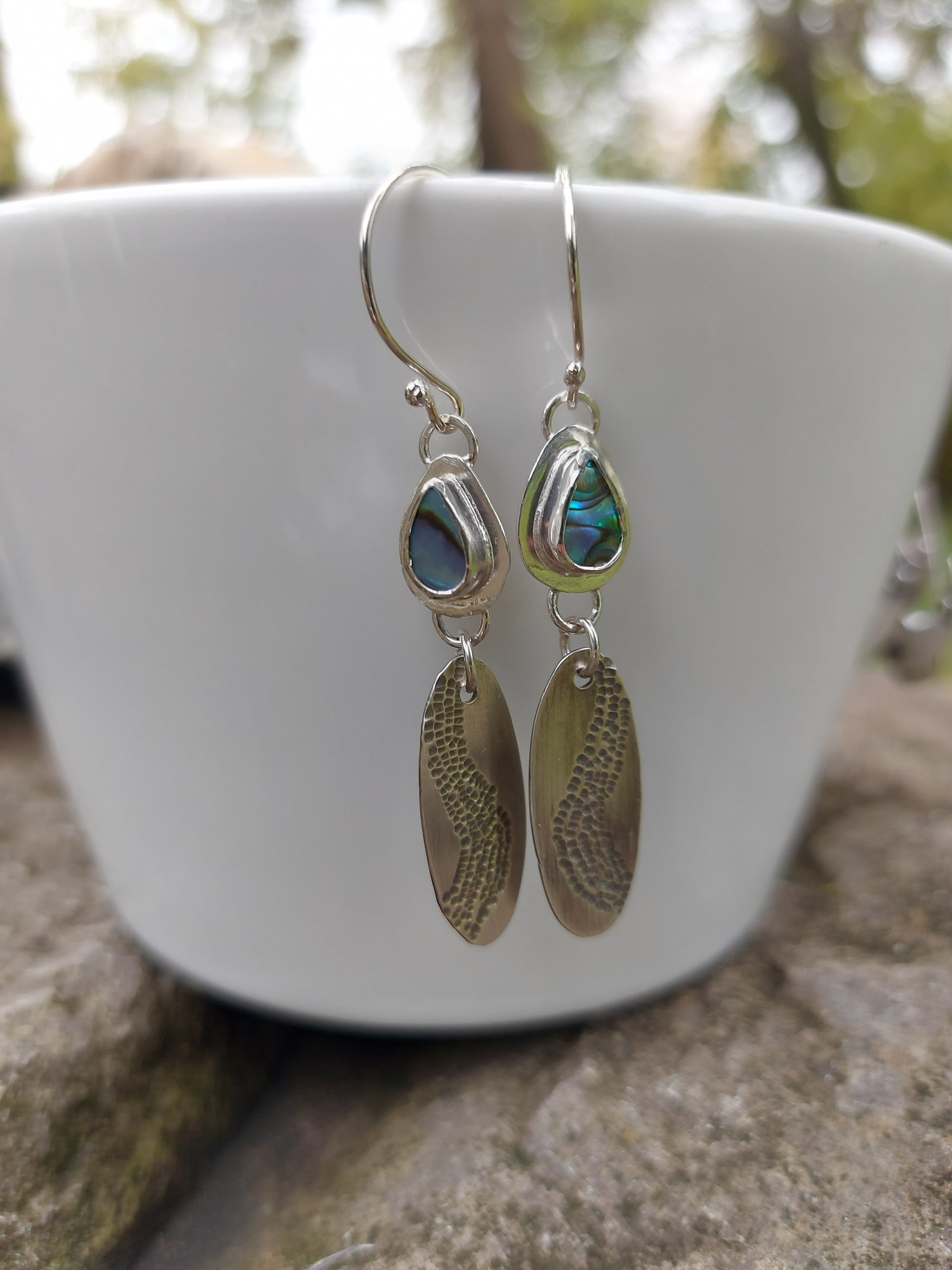 abalone hand stamped sterling silver earrings