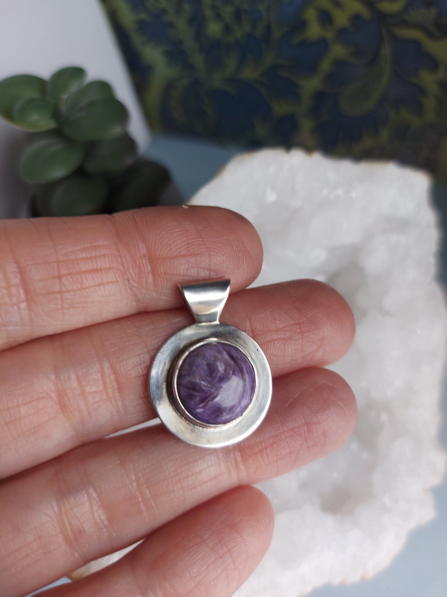 Charoite Circle Sterling Silver Pendant