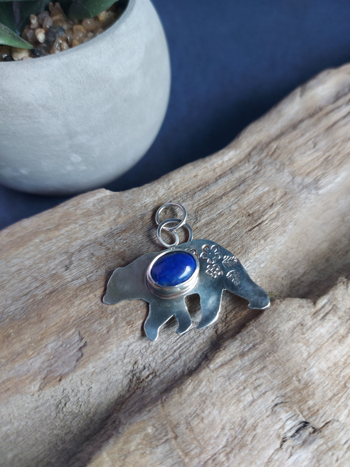 bear spirit animal silver pendant with lapis stone