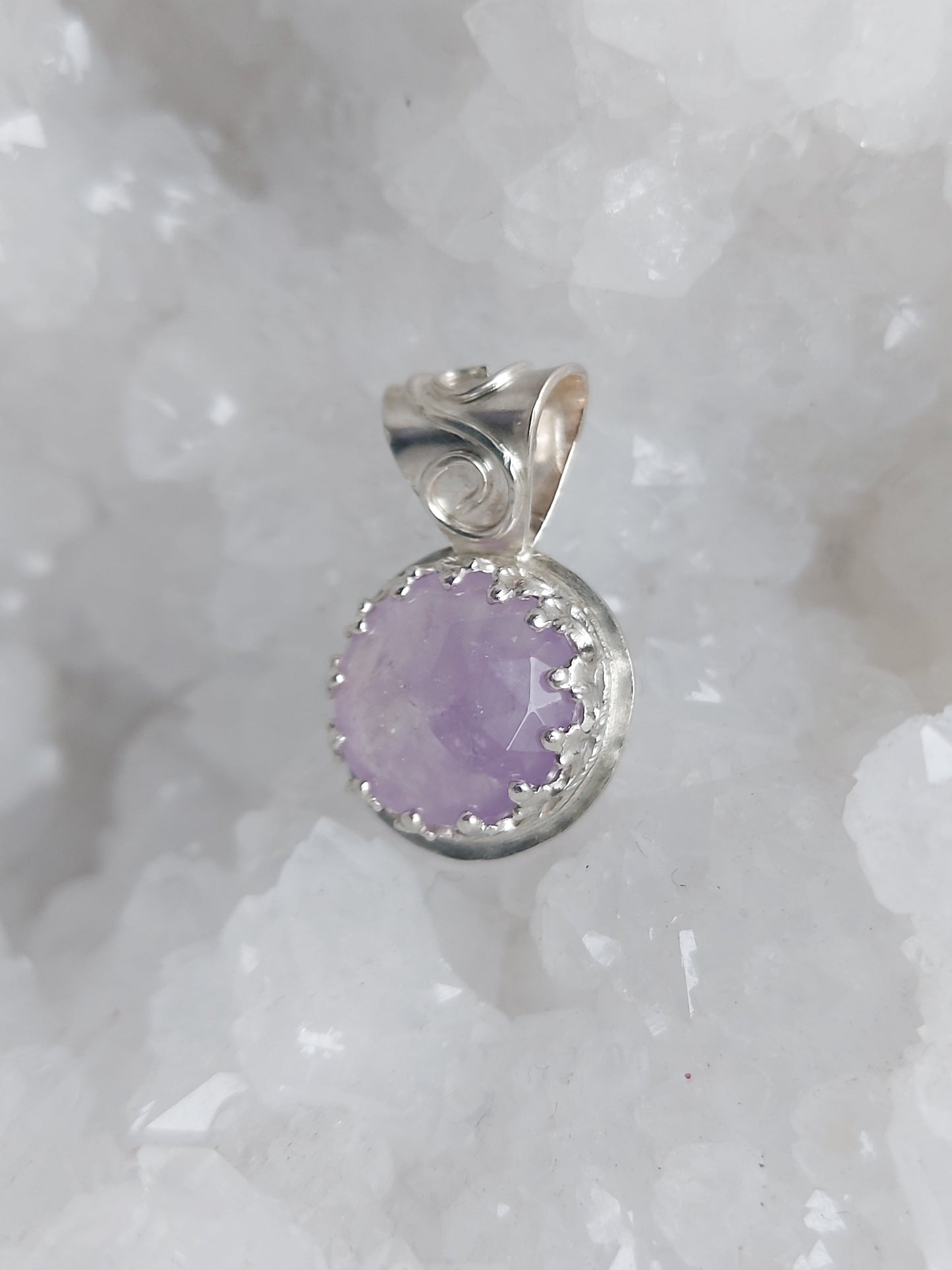 dainty purple fluorite round gemstone pendant