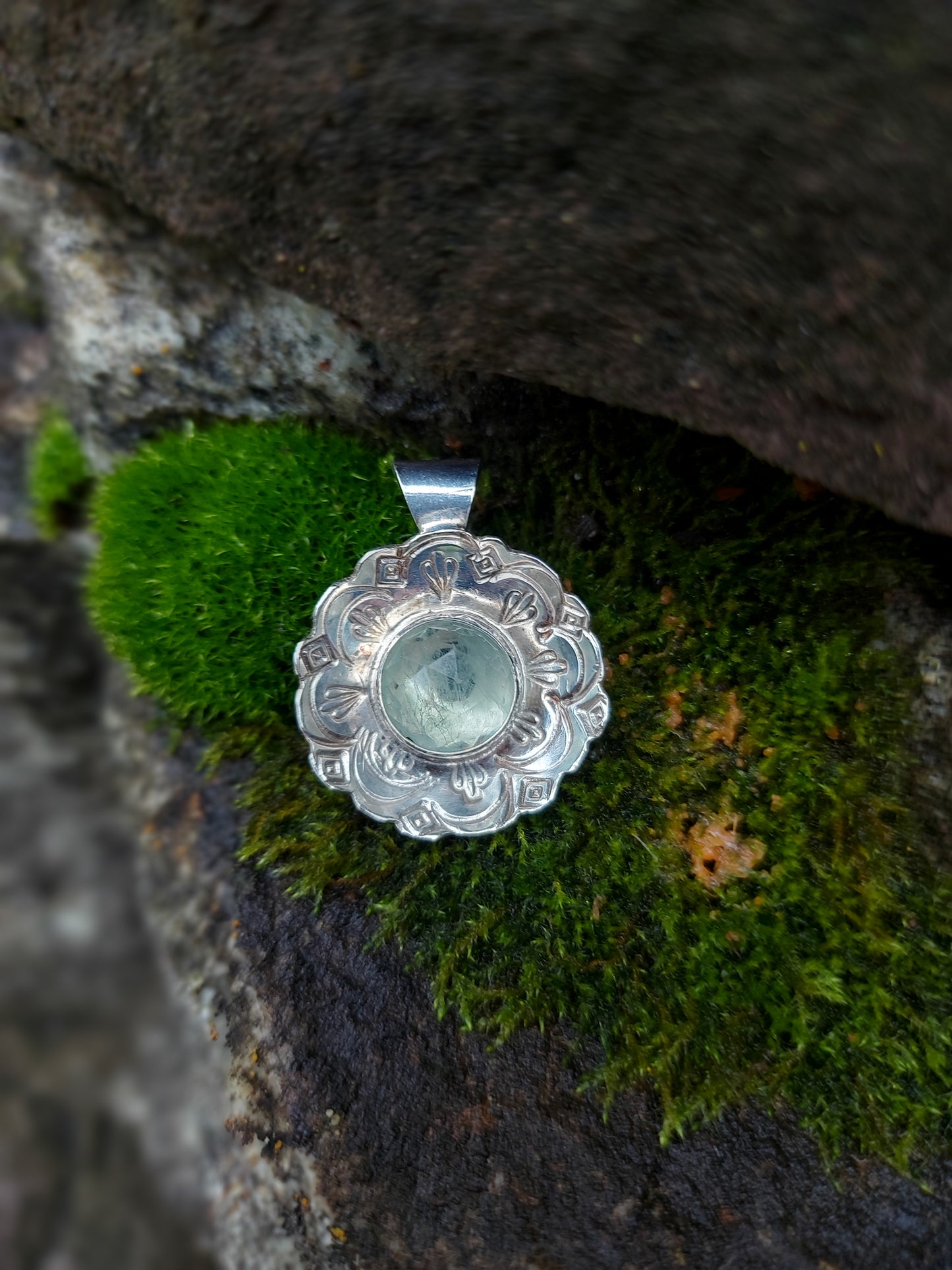 green fluorite hand stamped boho mandala sterling silver pendant