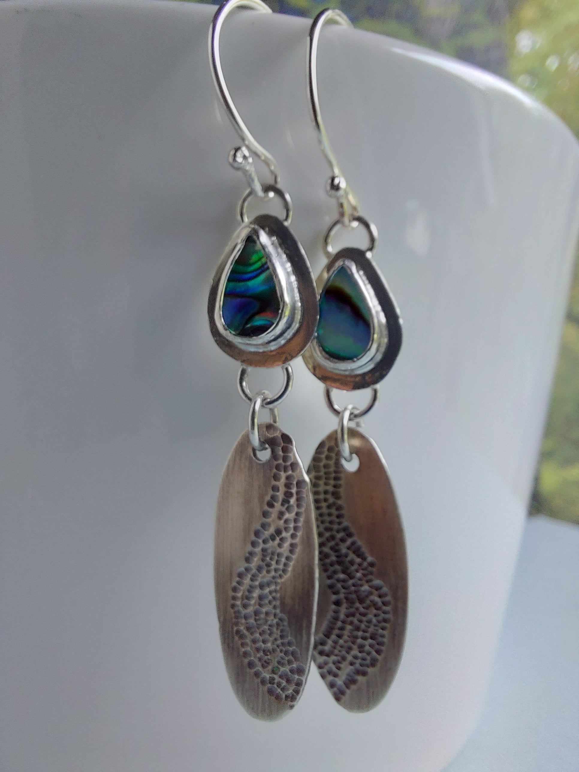 abalone hand stamped sterling silver earrings