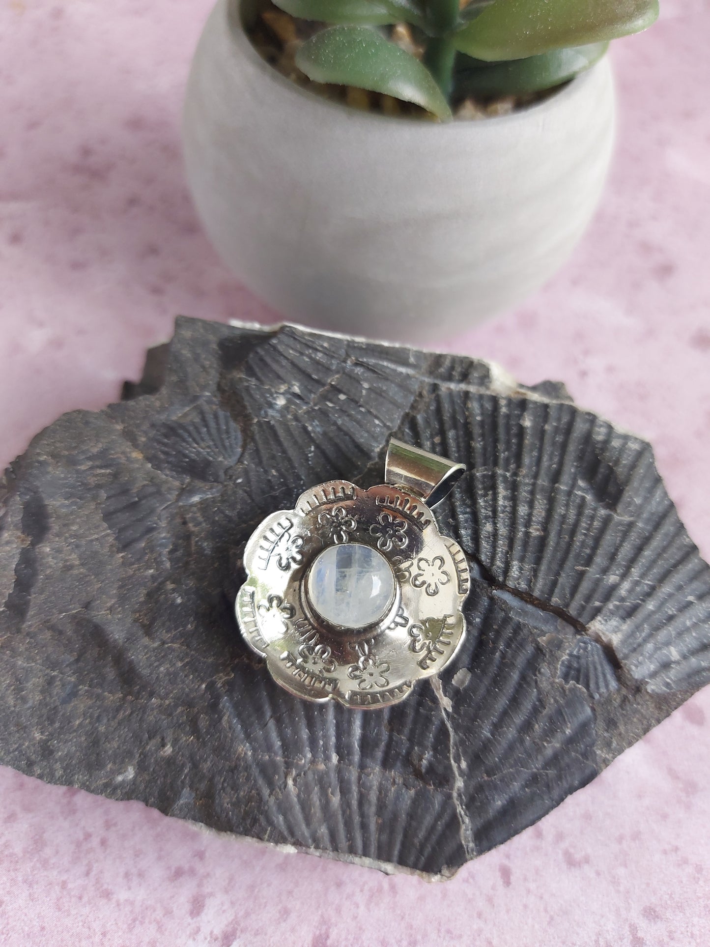 moonstone hand stamped sterling silver boho pendant
