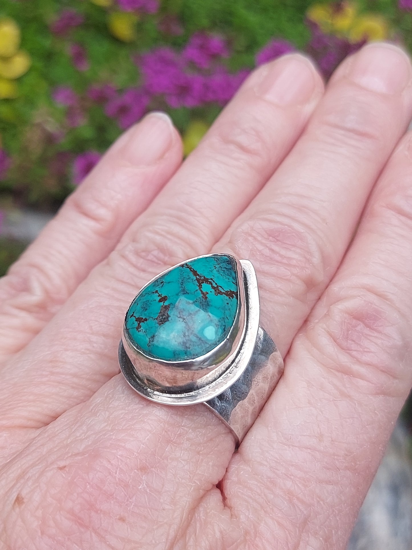 "Whispers of the Sea" Turquoise with hand hammered adjustable ring