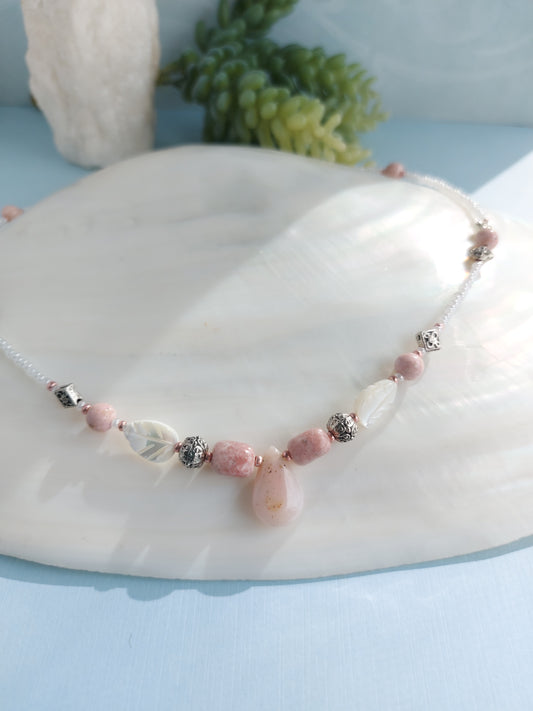 pink opal,mother of pearl, and rhodochrosite ,with white seed beads necklace